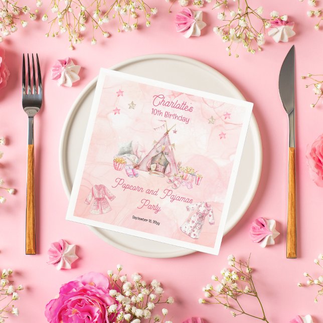 Serviette En Papier Popcorn rose et Pyjamas Swood fête d'anniversaire (Pink "Popcorn and Pajamas" Slumber | Sleepover Birthday Party Paper Napkins)