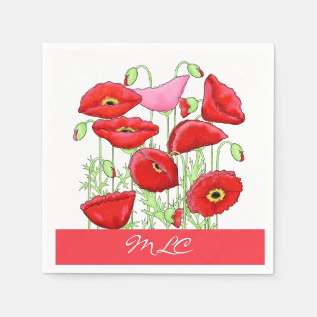 Serviette En Papier Poppies roses rouges Art Personnalisé Monogramme p (Devant)