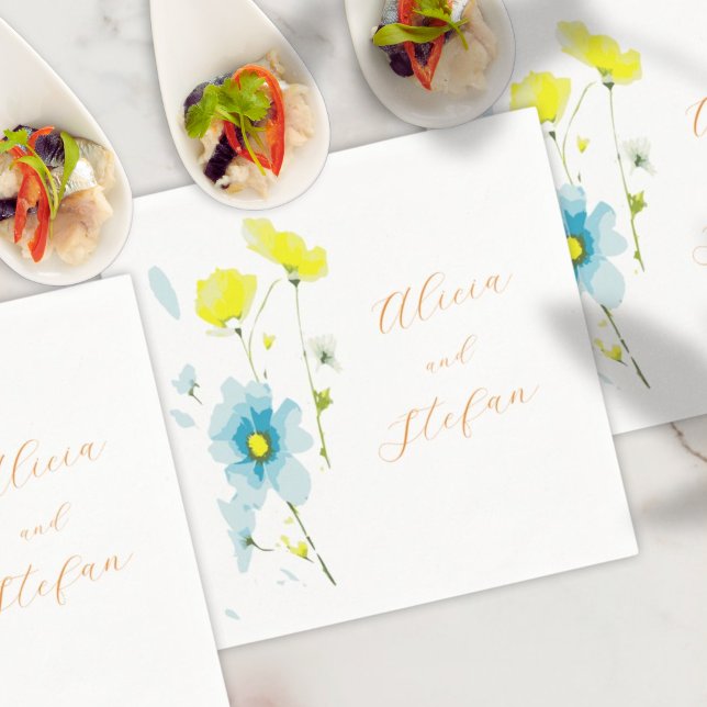 Serviette En Papier Poppies rustiques simples bleues jaunes aquarelles (Créateur téléchargé)