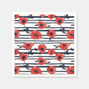 Serviette En Papier Poppy Écarlate Botanique Moderne Rayure Marine