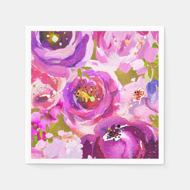 Serviette En Papier Pops De Rose Violet Or Moderne Floral Chic Tendanc (Devant)