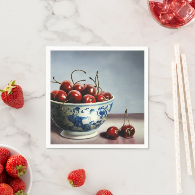 Serviette En Papier Porcelaine Bleue & Cerises (En situation)