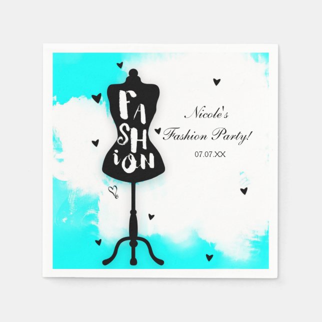 Serviette En Papier Porte-mannequin FASHION Aqua & Blanc avec Cœurs (Devant)