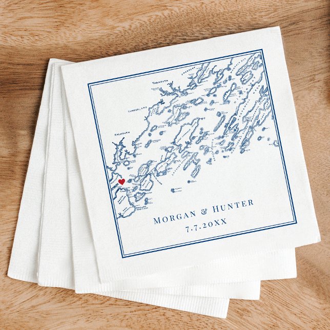 Serviette En Papier Portland Maine Casco Bay Carte Marine Mariage élég (Casco Bay Map Napkins personalized for a wedding in Portland Maine in elegant navy blue)