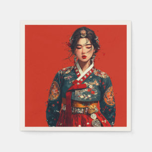 Serviette En Papier Portrait de femme coréenne moderne en Hanbok 