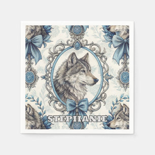 Serviette En Papier Portrait de loup d'hiver en cadre bleu et gris ora
