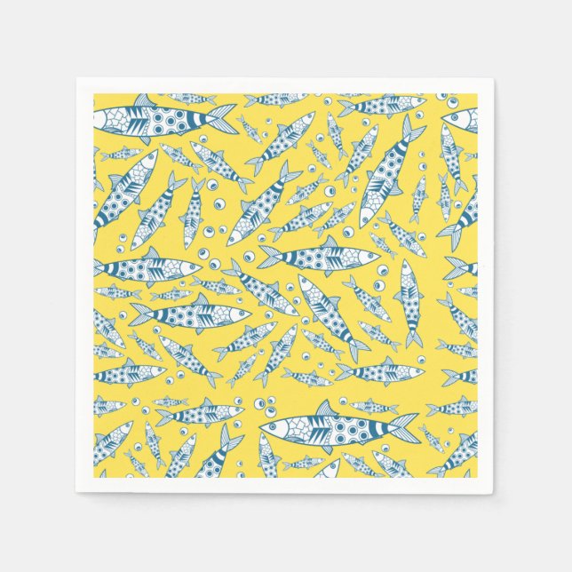 Serviette En Papier Portugais Lisbonne Sardines Motif Azulejos Jaune (Devant)