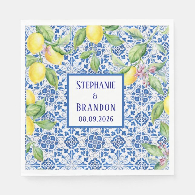 Serviette En Papier Portuguese Tiles Lemons Mediterranean Wedding (Devant)