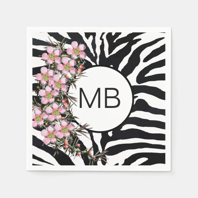 Serviette En Papier Poster de animal Rose Fleur Fleur Monogramme Noir  (Devant)