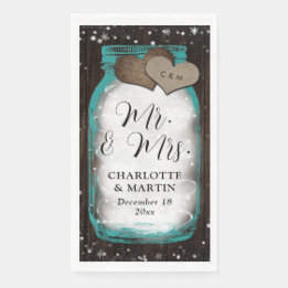 Serviette En Papier Pot en verre sarcelle Bois Mariage d'hiver M. et M