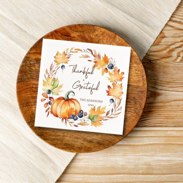 Serviette En Papier Pot Luck Thanksgiving dîner soirée vaisselle (Thanksgiving Pot luck dinner party tableware personalized plates watercolor pumpkin wreath  )