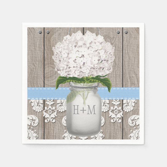 Serviette En Papier Pot Mason à Hortensia à Monogramme Bleu (Devant)