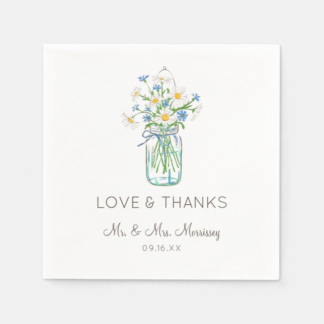 Serviette En Papier Pot Mason en Fleur Sauvage Rustique Amour et Merci (Devant)