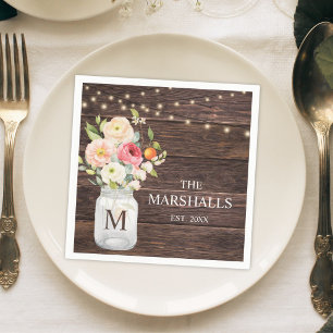 Serviette En Papier Pot Mason en fleurs avec monogramme de nom de fami