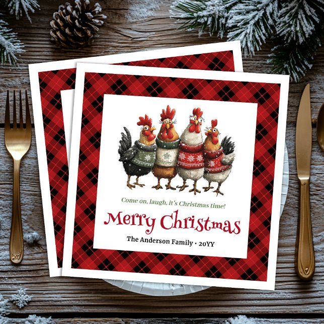 Serviette En Papier Poules festives fantaisistes nom personnalisable é (Quirky festive chickens editable personalized napkin)