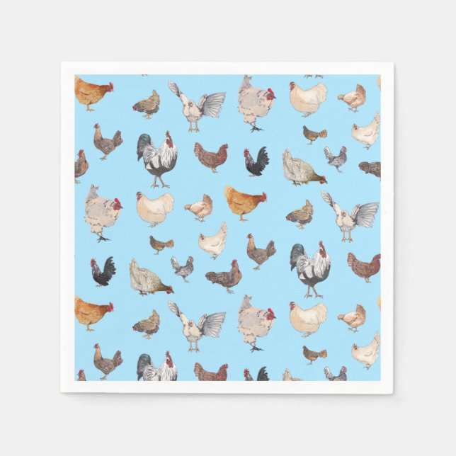Serviette En Papier Poulet motif heureux sur bleu (Devant)