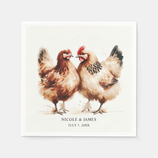Serviette En Papier Poulets Bruns Aquarelle Mariage Rustique (Devant)