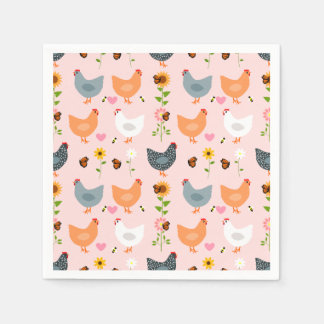 Serviette En Papier Poulets dans le jardin avec fleurs et insectes