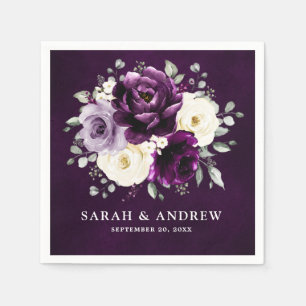 Serviette En Papier Poupée d'aubergine Plum Ivory Blanc Floral Mariage