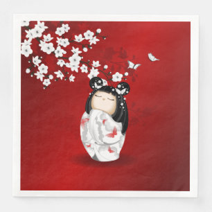 Serviette En Papier Poupée Kokeshi Rouge Noir Blanc Cerisier Fleurs
