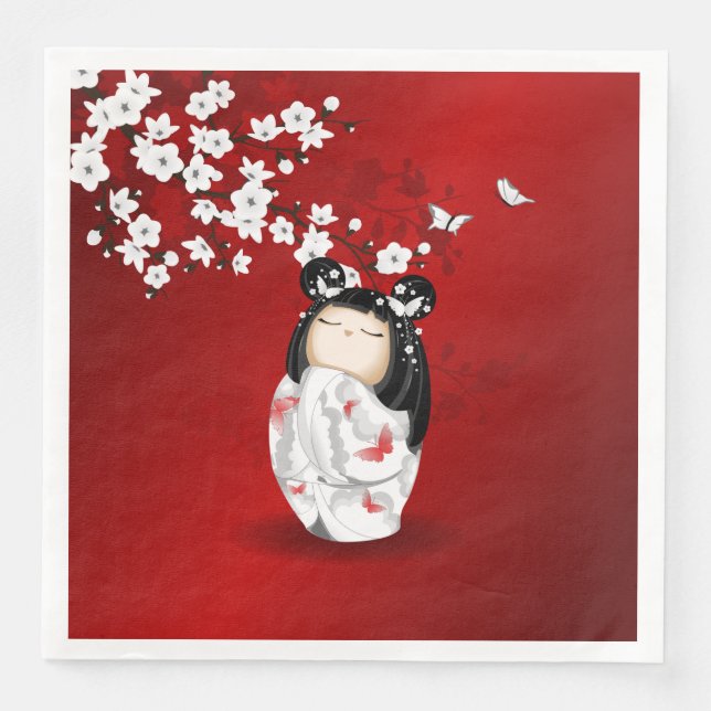Serviette En Papier Poupée Kokeshi Rouge Noir Blanc Cerisier Fleurs (Devant)