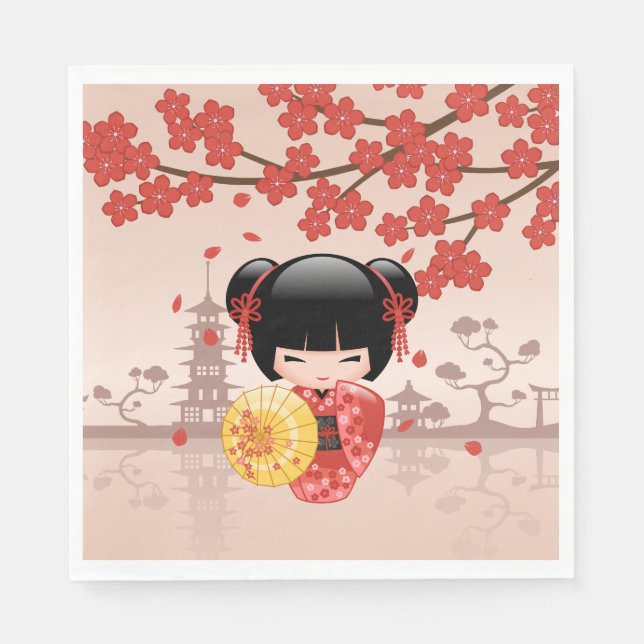 Serviette En Papier Poupée rouge Sakura Kokeshi - Geisha japonais (Devant)