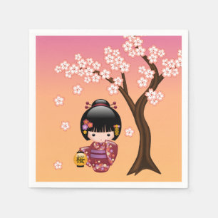 Serviette En Papier Poupée Sakura Kokeshi - Geisha Girl on Peach