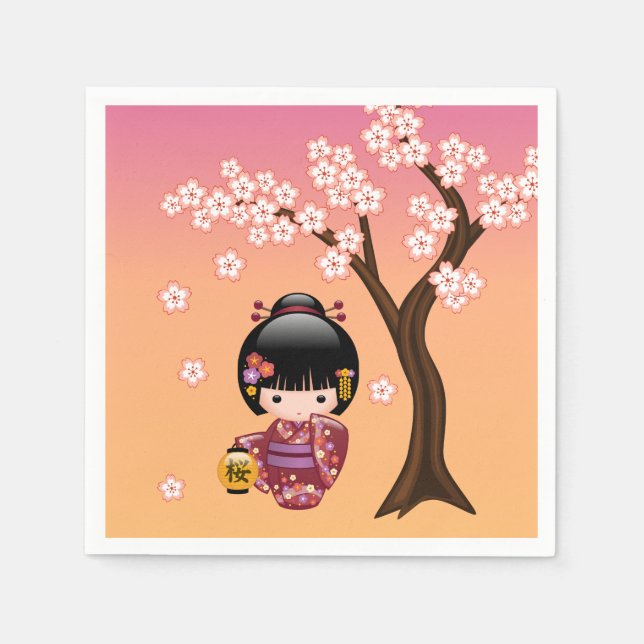 Serviette En Papier Poupée Sakura Kokeshi - Geisha Girl on Peach (Devant)