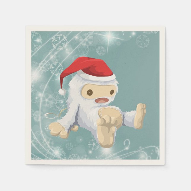 Serviette En Papier Poupée Yeti de Noël portant un chapeau de Père Noë (Devant)