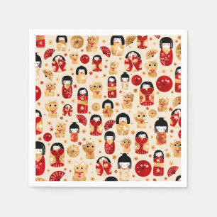 Serviette En Papier Poupées japonaises - Chats Kokeshi et Maneki Neko