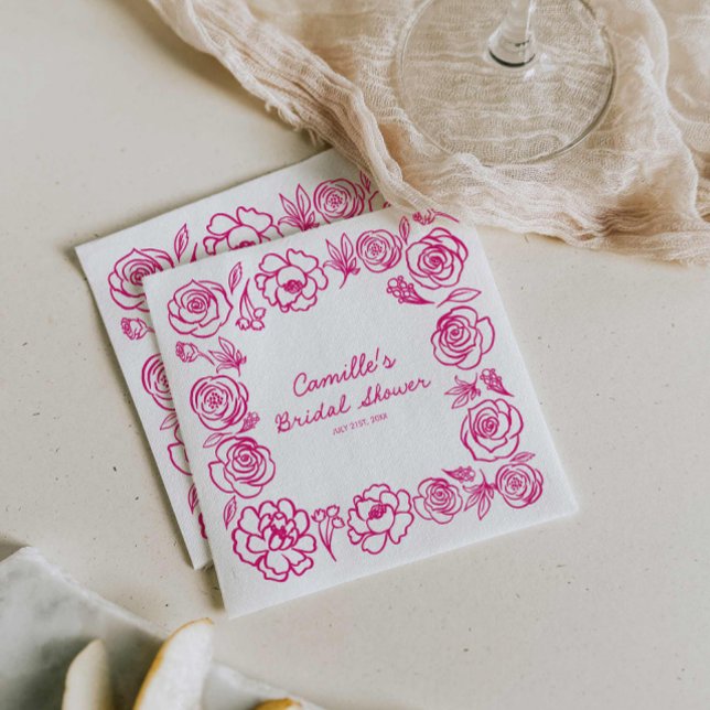 Serviette en papier pour douche de mariée florale  (Hot Pink Flower Whimsical Paper Napkins)