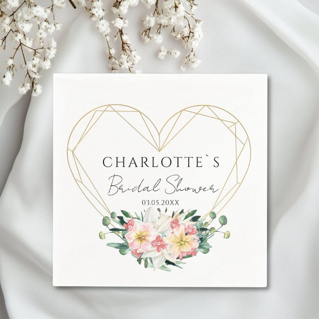 Serviette en papier pour fête prénuptiale Fleur-Cœ (Personalized Heart-Flower Bridal Shower Paper Napkin)