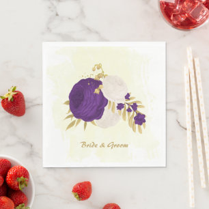 Serviette En Papier pourpre royal & fleurs blanches or