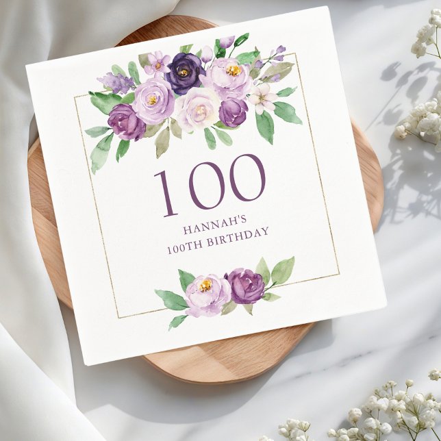 Serviette En Papier Pourpre | Violet Floral 100e anniversaire (Créateur téléchargé)
