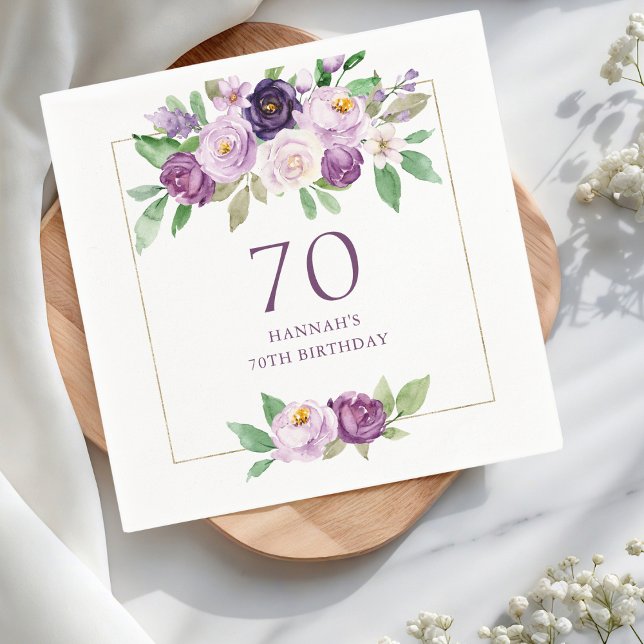 Serviette En Papier Pourpre | Violet Floral 70e anniversaire (Créateur téléchargé)