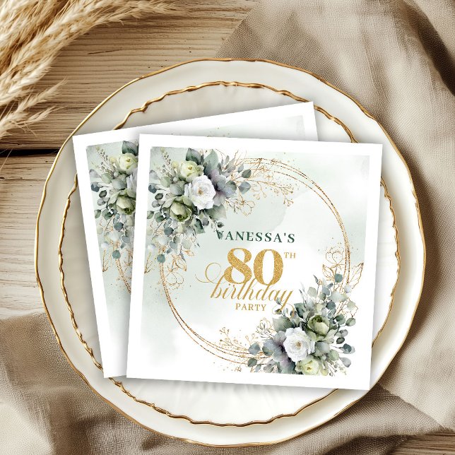 Serviette En Papier Poussière de botanique Vert Eucalyptus 80e Anniver (Botanical Dusty Green Eucalyptus 80th Birthday Napkins)