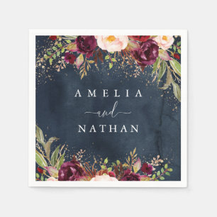 Serviette En Papier Poussière d'Or Mariage Floral Aquarelle Bordeaux N