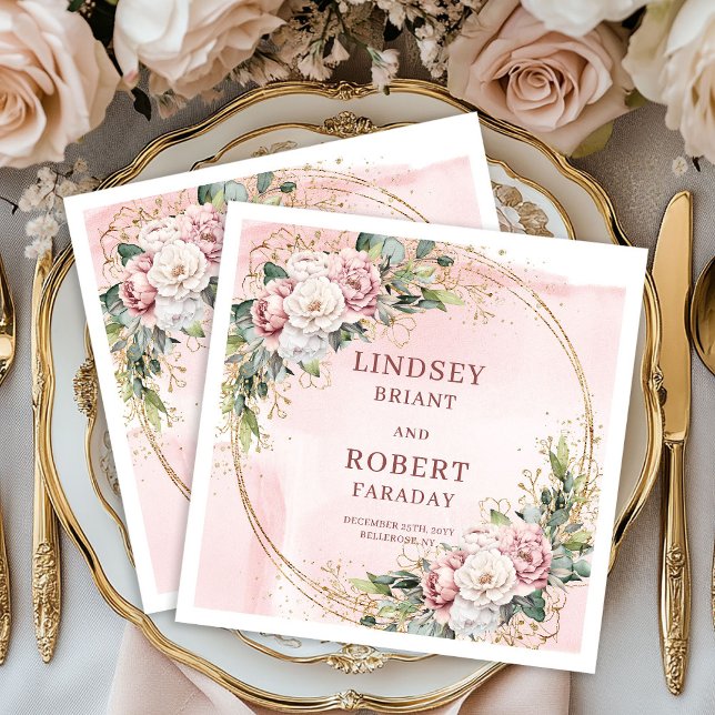 Serviette En Papier Powder Pink Floral Eucalyptus Gold Glitter Wedding (Powder Pink Floral Eucalyptus Gold Glitter Wedding Napkins)