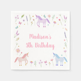Serviette En Papier Pré Anniversaire Licorne Prairie Rose Pastel Or