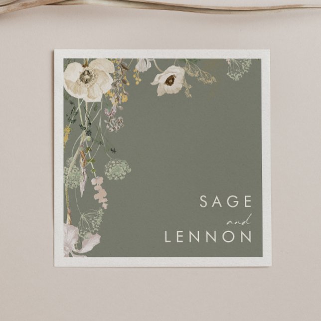Serviette En Papier Pré Fleur sauvage lunaire | Mariage vert Sage (Créateur téléchargé)