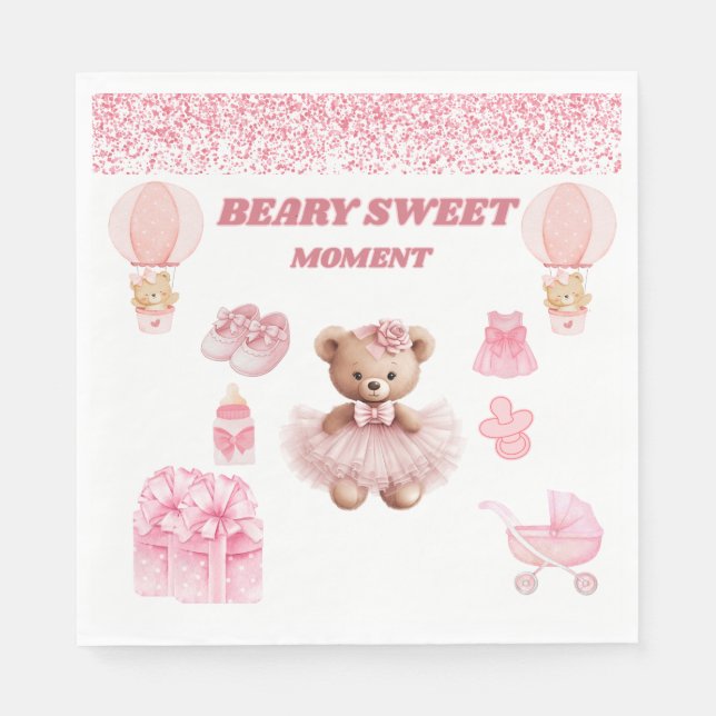 SERVIETTE EN PAPIER PRÉCIEUSE FILLE OURS BLANC ROSE 16,5 CM POUR LE DÉ (Devant)