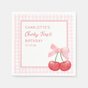 Serviette En Papier Premier anniversaire Cerise Gingham Rose Fille Un