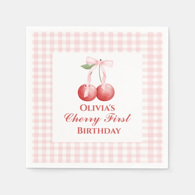Serviette En Papier Premier anniversaire Cerise Ruban Rose Gingham (Devant)