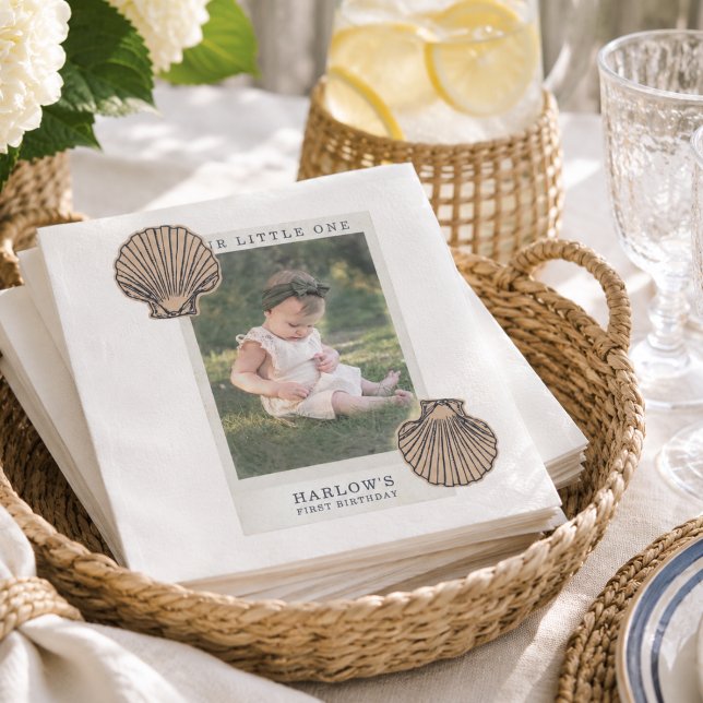 Serviette En Papier Premier Anniversaire Coquin de Style Marin (Preppy Coastal Shell First Birthday Napkins)