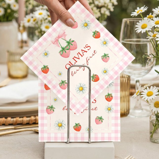 Serviette En Papier Premier Anniversaire de Berry à la Fraise et Gingh (Berry 1st Birthday Strawberry Napkins)