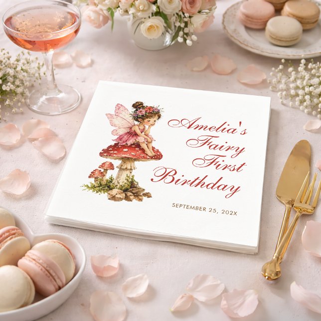 Serviette En Papier Premier anniversaire de fée Champignon rouge Fille (Créateur téléchargé)