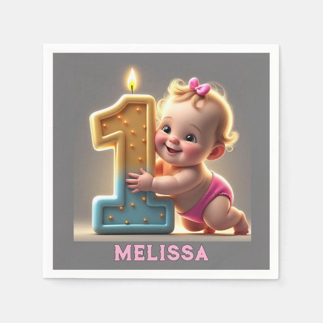 SERVIETTE EN PAPIER " PREMIER ANNIVERSAIRE DE LA FILLE BÉBÉ " (Devant)