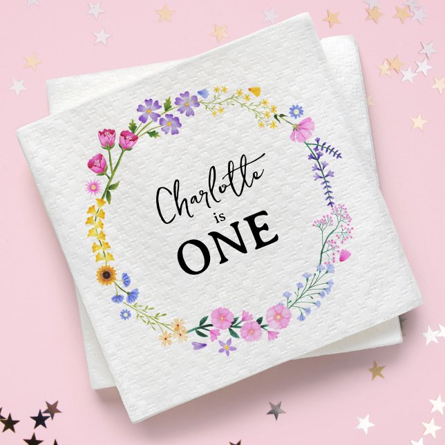 Serviette En Papier Premier anniversaire de la petite fille Fleur sauv (Spring Wildflowers Girl's First Birthday Napkins)