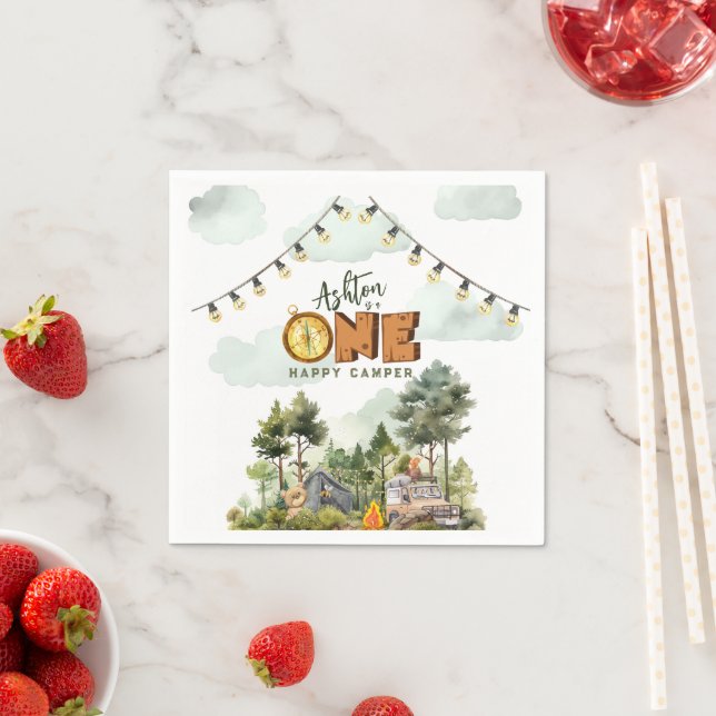 Serviette En Papier Premier anniversaire de One Happy Camper (En situation)