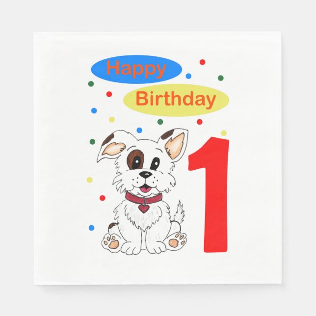 Serviette En Papier Premier anniversaire d'enfant Chiot mignon et conf (Devant)